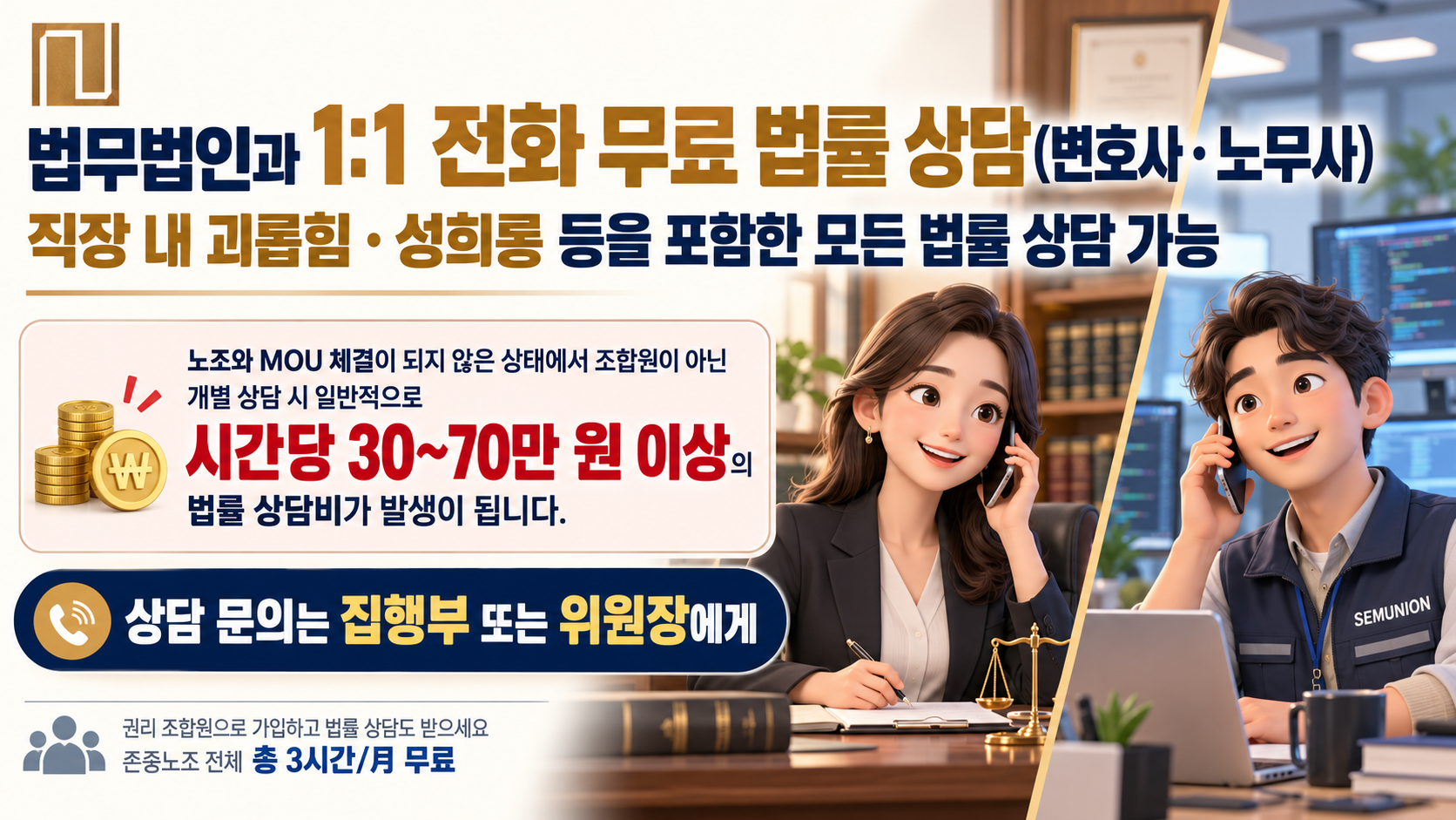 법무법인과 1대1 무료 법률 상담, 변호사·노무사 상담 및 권리 조합원 혜택 안내